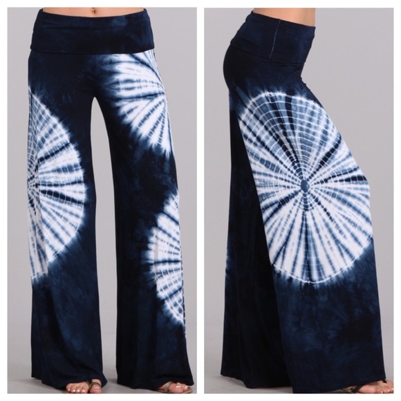 sewchicboutique Pants - Navy Blue Tie Dye Palazzo Pants w/circles